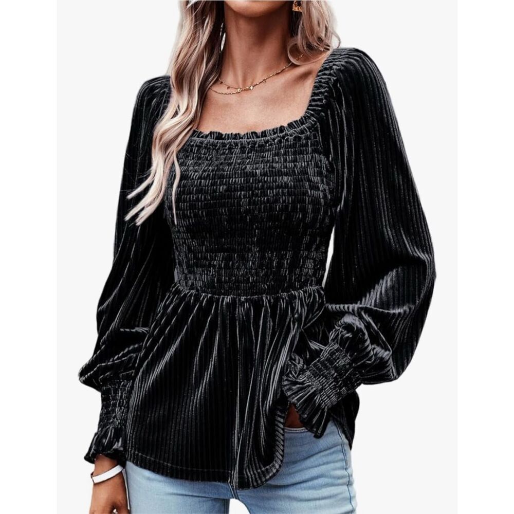 Velvet Square Neck Smocked Tunic Top – Retro Long Sleeve Size Large